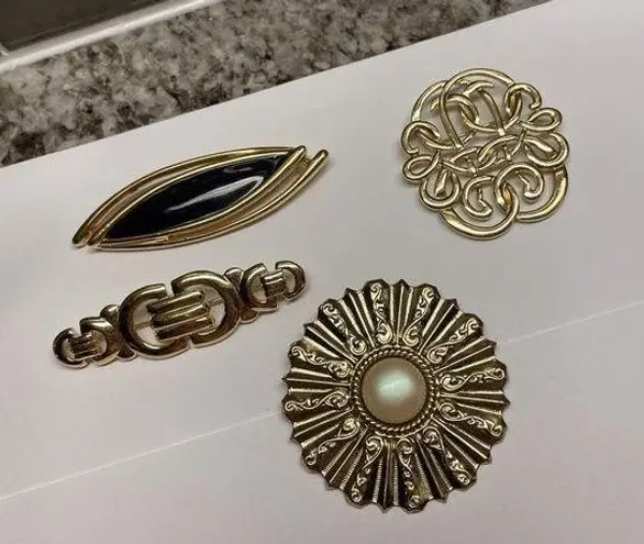 Trifari Lot Of 4 Brooch Pins Vintage - Modern Gold Tone 1 Avon, 1 , 1 Monet