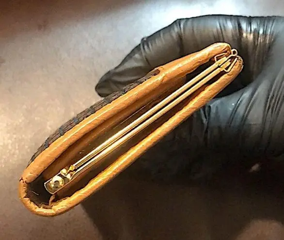 TED LAPIDUS Leather and Monogramed Hinged Wallet Clutch Engraved Clasp