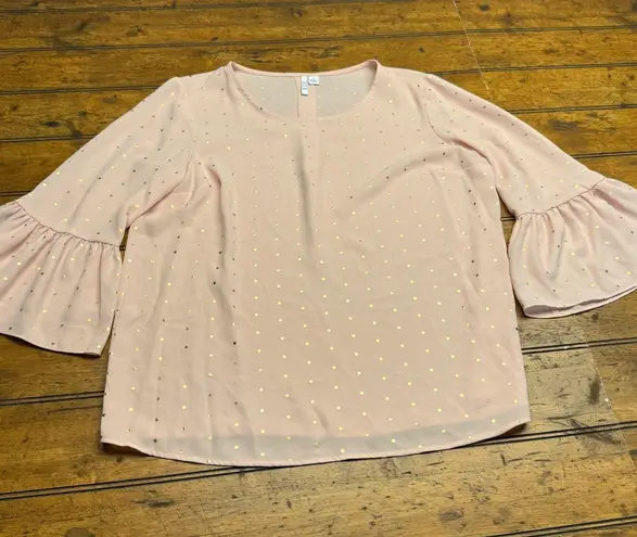 Elle Pink Gold Dot Bell Sleeve Blouse Top Women's Size Small