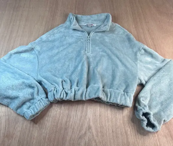 Miss Selfie Fuzzy Crop Pullover Light Teal Half Zip Plush Long Sleeve M Blue Size M - Image 1