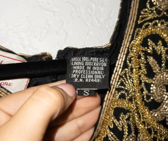 Lisa Kane Fantasy by Black and Gold Fully Beaded Silk Maxi Dress Size Small