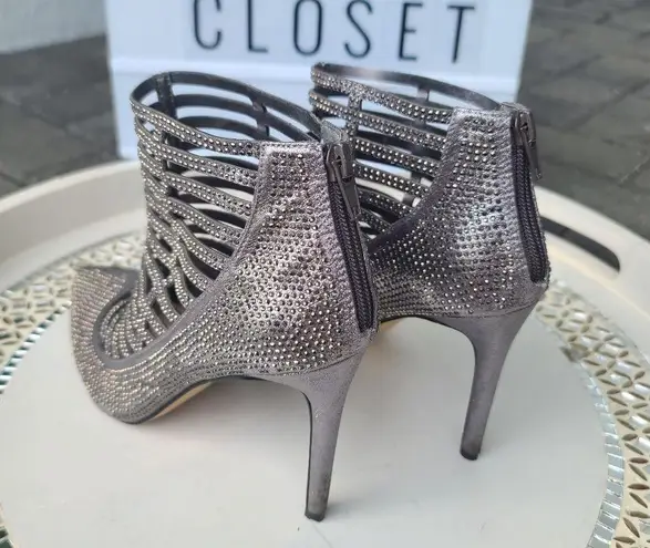 INC Kacela2 Caged pewter/silver rhinestone high heel booties sz 7.5