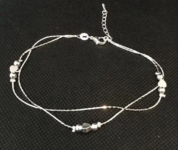 New Heart & Ball Double Anklet Silver Color 10”