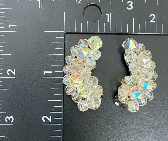 Vintage 50’s LAGUNA Faceted AB Crystal Aurora Borealis Crawler Clip On Earrings White