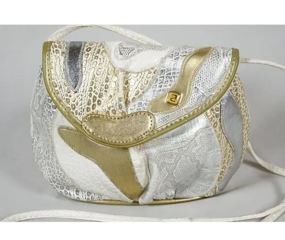 NAS Ivory Gold Silver Metallic Textured Leather Crossbody Bag Vintage 80s