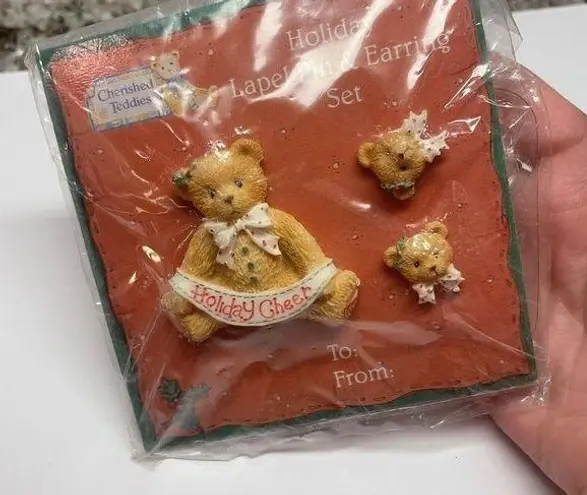 Lapel Pin & Matching Stud Earrings Christmas Holiday Cheer Bear Set