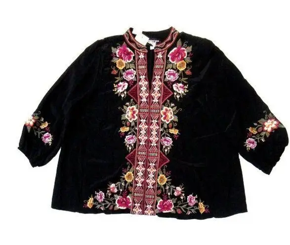 Johnny Was NWT Nepal in Black Silk Embroidered Effortless Swing Blouse Top XS