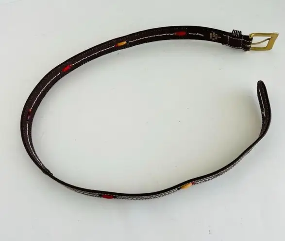 90s Retro Brown Vegan Leather Beaded Brass Buckle Belt