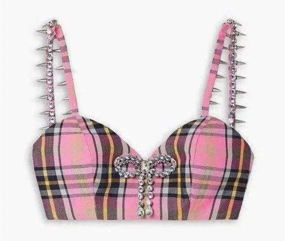 Area Embellished checked wool-blend bra top