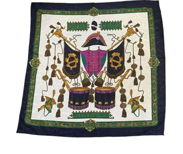 VTG 1970's Coat of Arms Scarf Polyester Iridescent White Blue Gold Square 33”