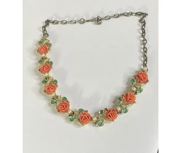 Vintage Celluloid Pink Lucite Rose Flower Gold Choker Coquette Necklace Pearls