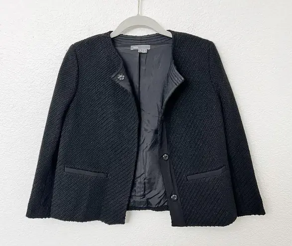 Vince  Size 4 Black Wool Blend Tweed Knit Textured Collarless Jacket Jackie O