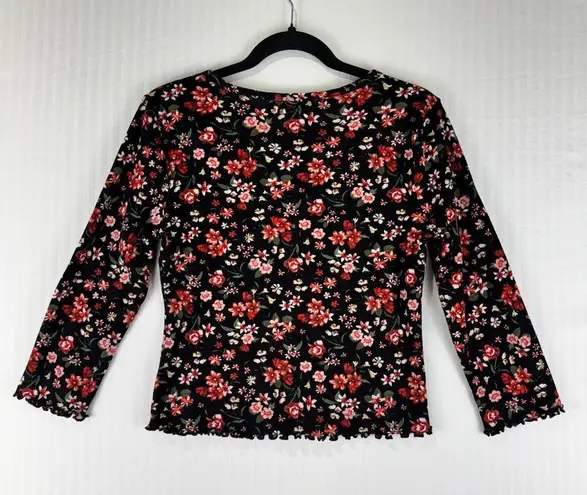 Arizona Jeans Arizona Jean Co. Black Floral Print Button Down Blouse Size Medium Ruffle Hem