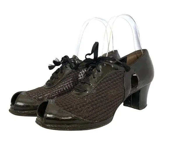 1940s Matrix x Carson Pirie Scott & Co Black Mesh Leather Heeled Oxford Loafers Size 6.5
