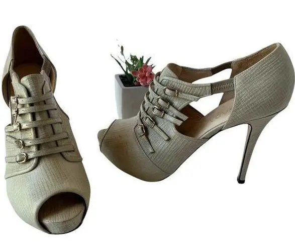 Escada Buckled High Heel Womens Shooties Sz 40 Texture Leather Grunge Platform Green