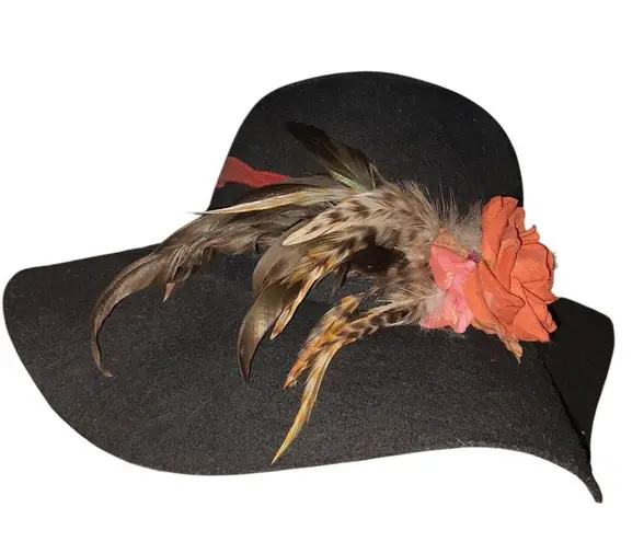 Black Wool Felt Floppy Hat Rust Flower Feather Accent 70s Boho Festival Indie