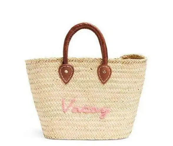 POOLSIDE Woven Straw Open Tote Pink “VACAY” Text Leather Handle Tote Purse