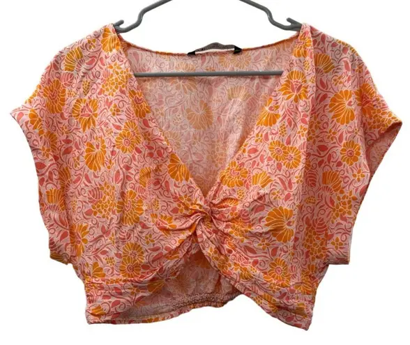 ZARA  Pink & Orange Bright‎ Floral Print Twist Front Short Sleeve Crop Top Size M