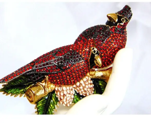 Joan Rivers BROOCH PIN Pair RED CARDINAL BIRDS Perched LG 4" Crystal Rhinestones