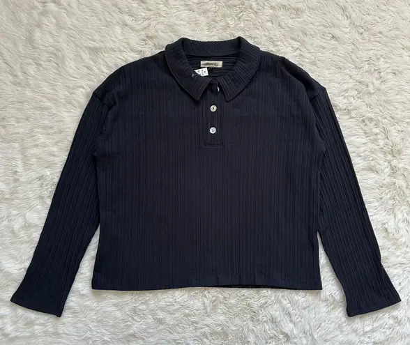 Madewell Top Variegated Rib Boxy Polo Shirt Long Sleeve True Black M NWT New