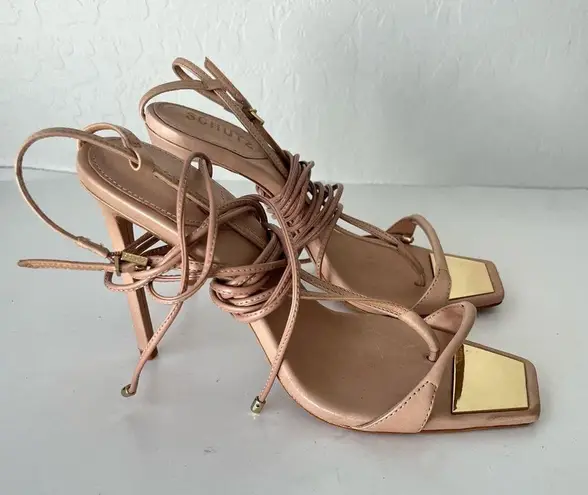 Schutz Vikki Leather Ankle Wrap Tie Strap Stiletto Sandal Heels Tan Size 9.5