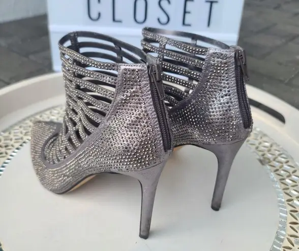 INC Kacela2 Caged pewter/silver rhinestone high heel booties sz 7.5