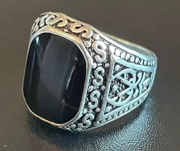 Natural black obsidian S925 silver ring size 8