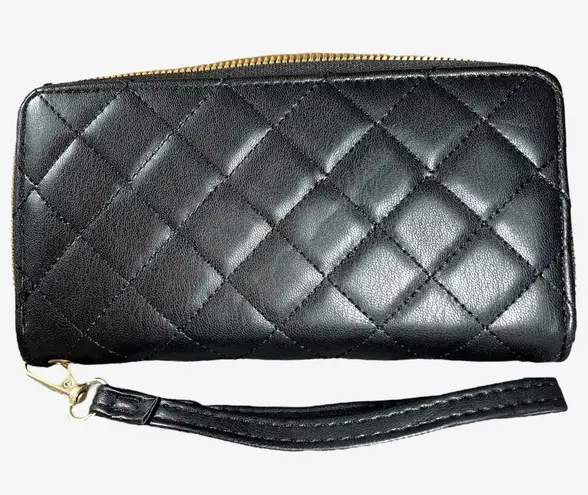 Womens Black Faux Leather Wallet Zipper Clutch Billfold HandBag ID Purse strap