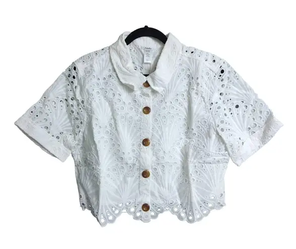 ANDIE NWT The Baltra Button Up White Eyelet Scalloped Hem Collared Shirt XL