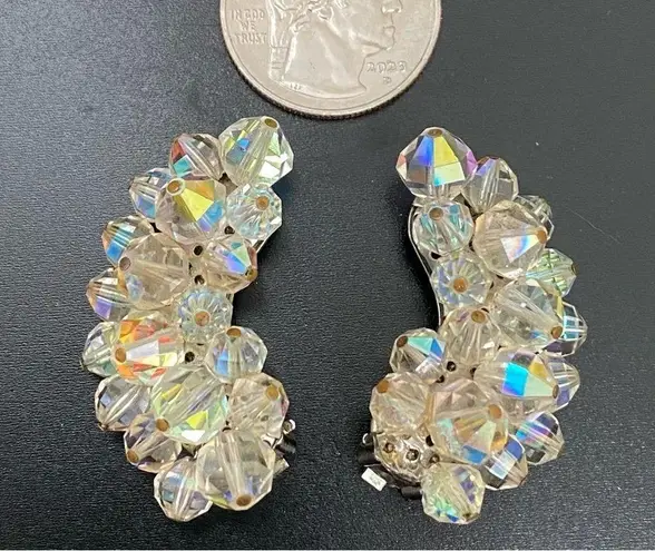 Vintage 50’s LAGUNA Faceted AB Crystal Aurora Borealis Crawler Clip On Earrings White