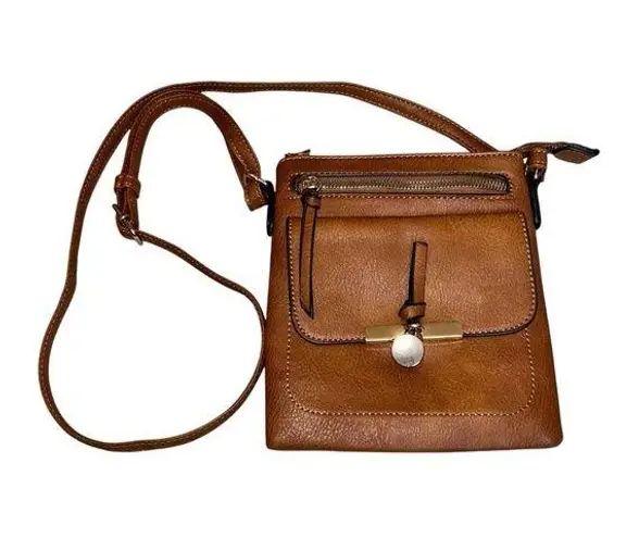 Brown Tan Leather Crossbody Design Bag Purse Gold Detail Square Style Adjustable
