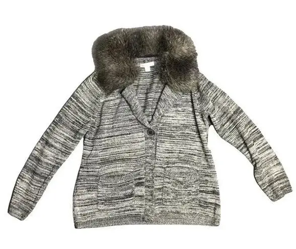 Coldwater Creek  Gray Marled Knit Sweater Jacket W/ Fur Collar