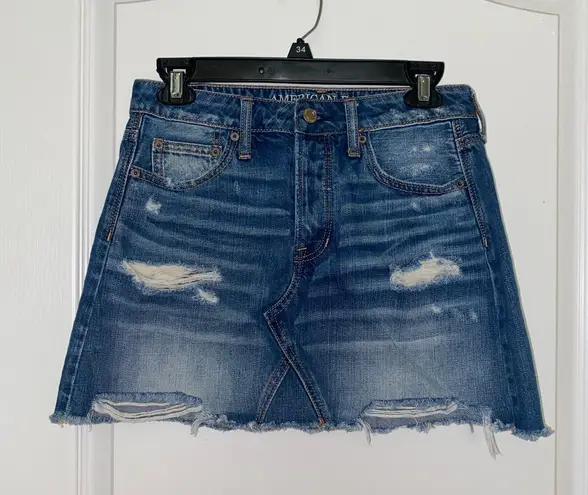 American Eagle Light Wash Distressed Mini Skirt