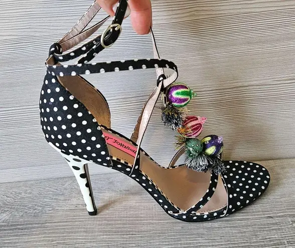 Betsey Johnson Rudey Polka Dot High Heel Sandal Beaded Tassel Black White Size 8