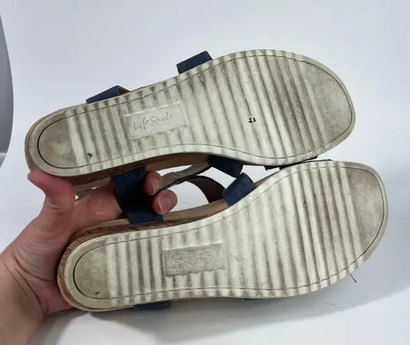 Life Stride Velocity 2.0 Blue Strappy Comfort Cork Wedge Platform Sandals