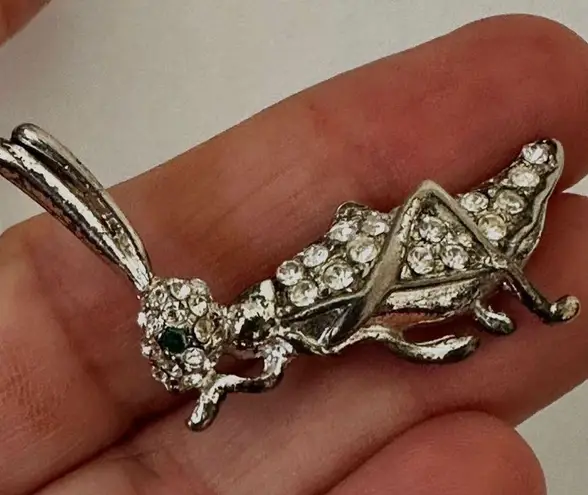 silver tone vintage rhinestone grasshopper brooch