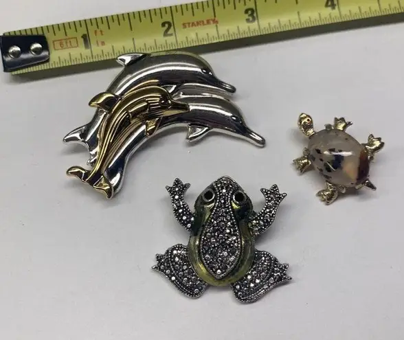 Lot Of 3 Animal Vintage Brooch Pins Frog, Turtle