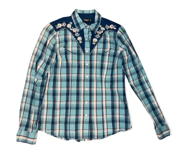 Cruel Girl Denim Ladies Blue Plaid Embroidery Western Retro Shirt