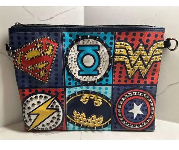 Unique Superhero Chic Crossbody Clutch Rivets Superman Batman Flash Black