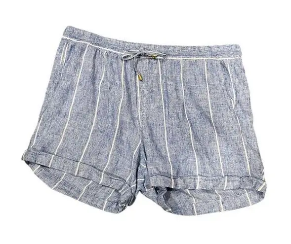 Ellen Tracy Linen Blend Blue White Striped Drawstring Shorts XL Pockets