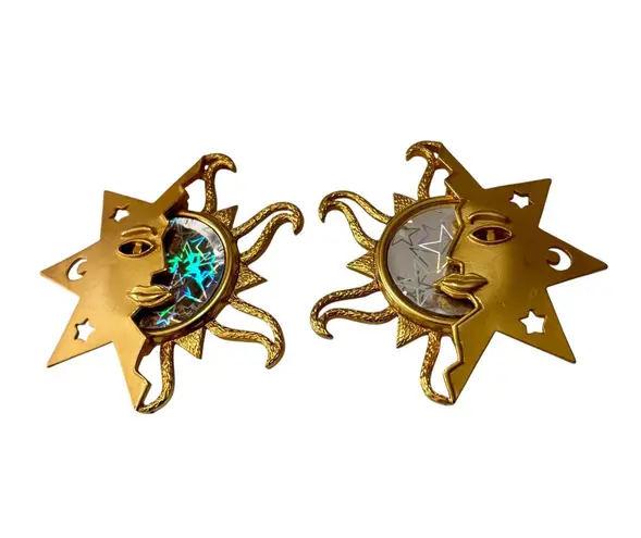 Vintage JJ Gold Sun and Moon Stars Earrings Holographic Clip On 2" x 2"