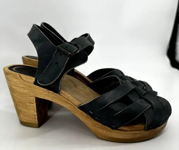 No. 6 Jane Huarache Platform Clog Leather Peep Toe Ankle Strap Midnight Black 6