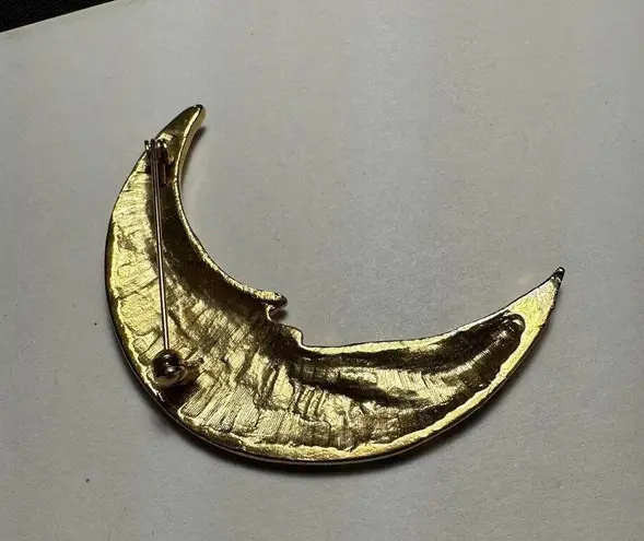 Crescent Moon Face Gold Tone Brooch Pin