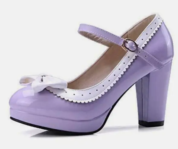 Women’s Purple Chunky Heel Mary Jane Pumps Cute Bow Round Toe Size 8 NEW Purple