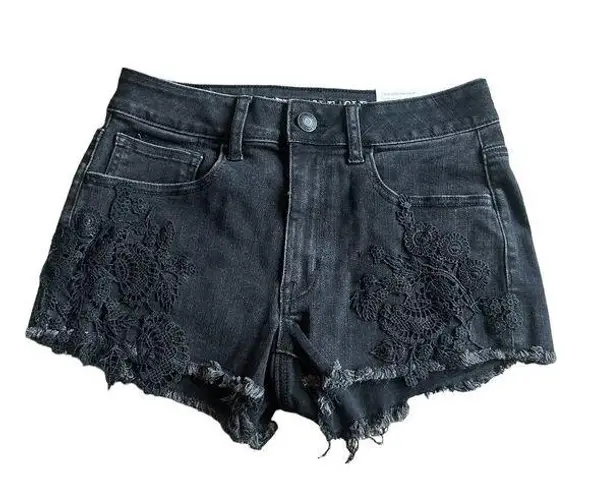 American Eagle  Hi-Rise Shorts Black Crochet Super Stretch Size 6 Women's NWT