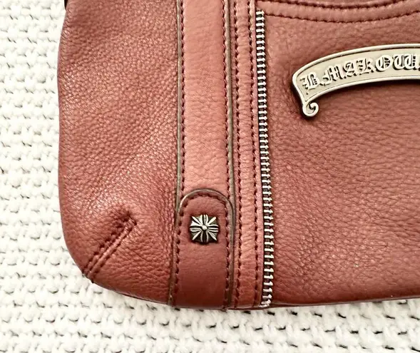 B Makowsky Cognac Tan Slim Small Crossbody Bag Silver Metal Banner Name Hardware