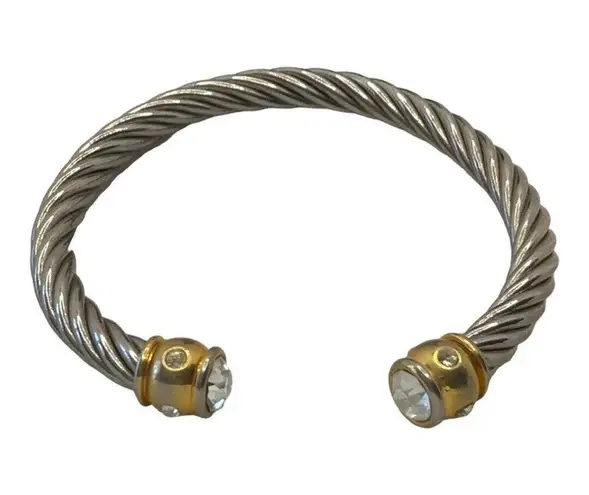 Retro Silver Rope Style Cuff Bracelet with Gold Bar on each end with rhinestones