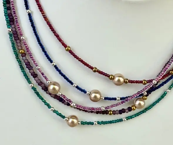 Hand Crafted Pearl Focal Beaded Pink Fuchsia Seed Beads Necklace Purple