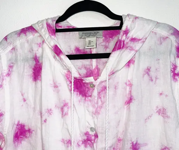 Rachel Zoe 100% Linen White & Purple Tie-dye Hooded Button Down Top