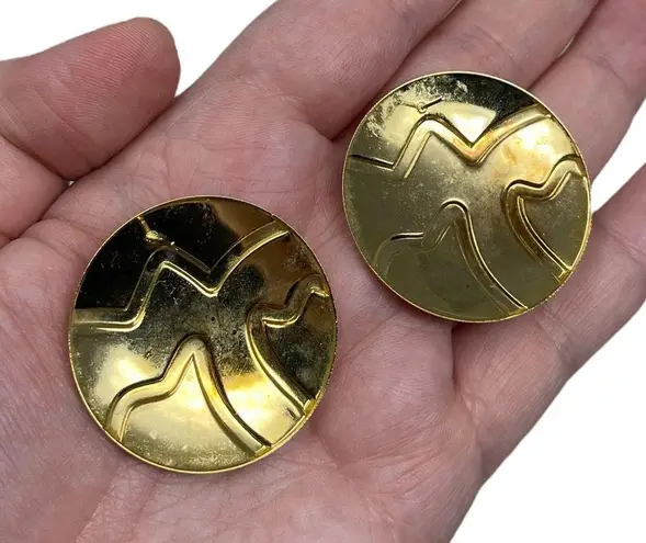 Vintage Unsigned Gold Tone Orange & Tan Enamel Retro Post Earrings 80s 90s